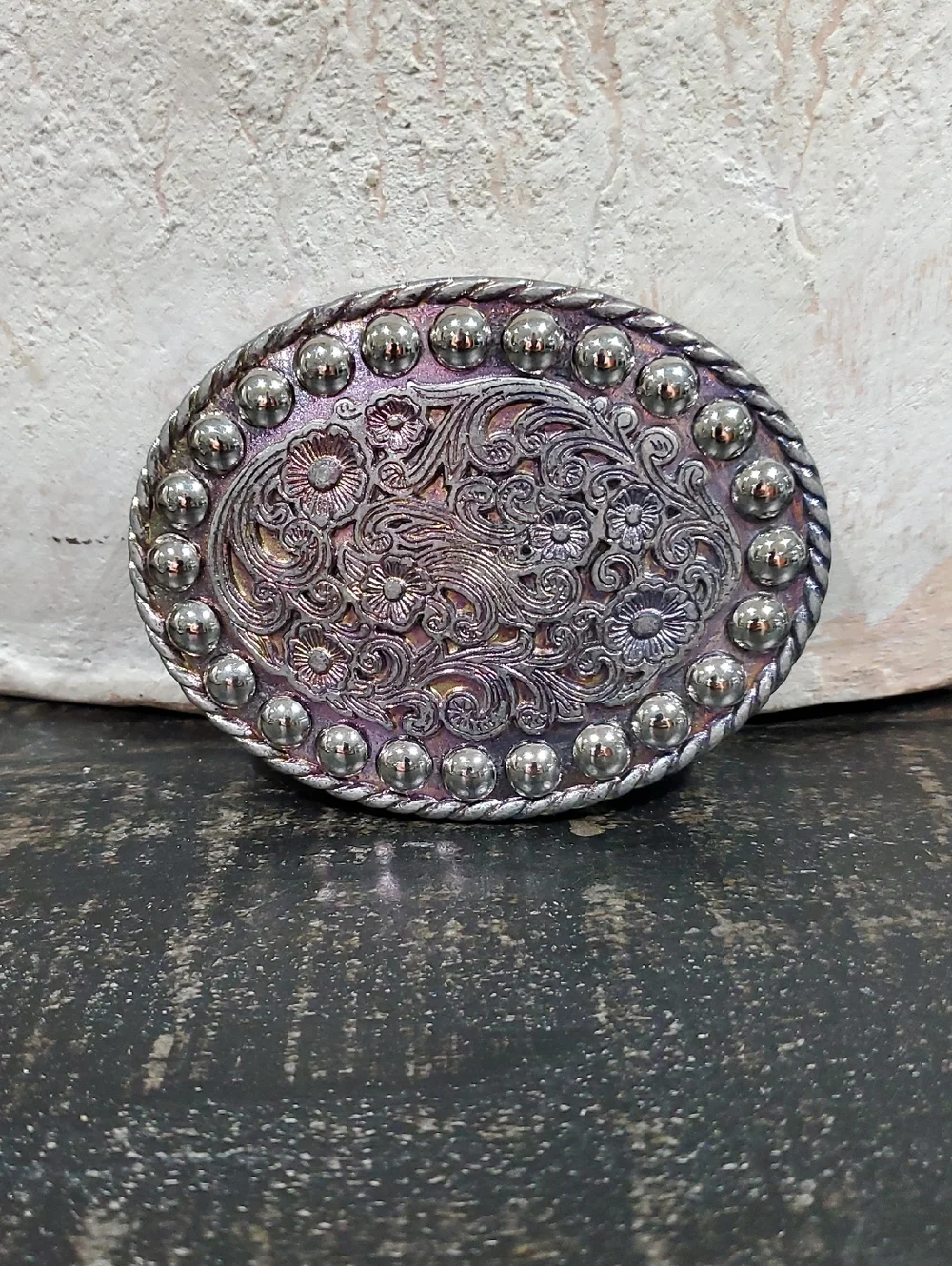 Vintage Silver Floral Oval Belt Buckle Pink And Purple Shimmer W Studs Cowgirl